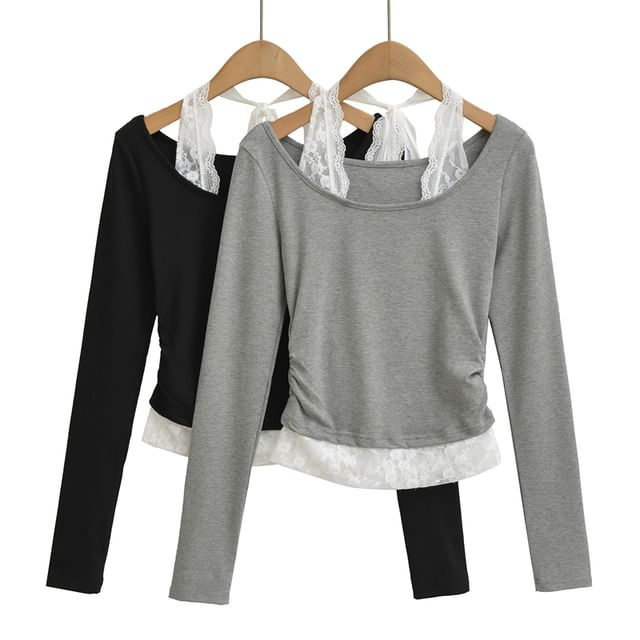 Ulark-Long-Sleeve Scoop Neck Plain Lace Trim Tee