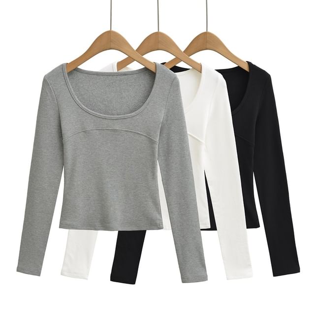Ulark-Long Sleeve Scoop Neck Plain Panel T-Shirt
