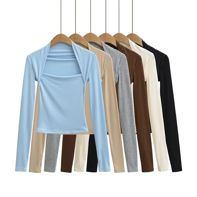 Ulark-Long Sleeve Square Neck Plain Crop Tee