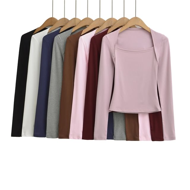 Ulark-Long-Sleeve Square Neck Plain Crop Tee
