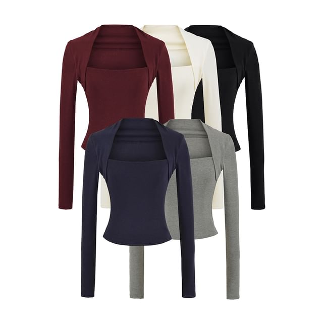 Ulark-Long-Sleeve Square Neck Plain Crop Top