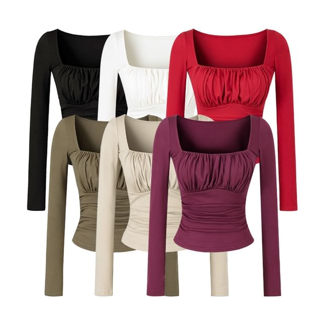 Ulark-Long-Sleeve Square Neck Plain Ruched Padded Crop Tee