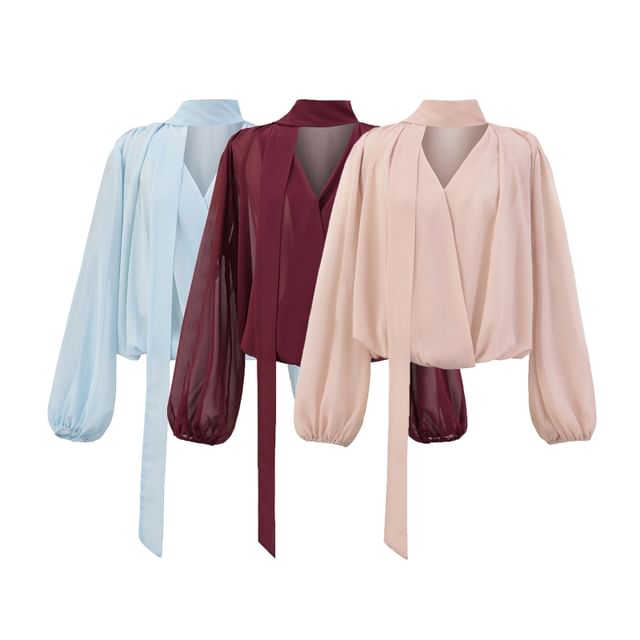 Ulark-Long-Sleeve Tie-Neck Plain Blouse