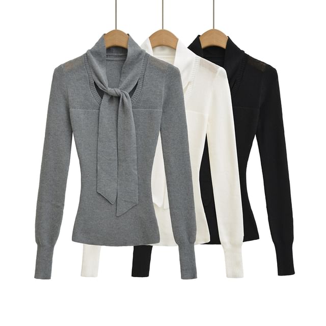 Ulark-Long-Sleeve Tie-Neck Plain Knit Top