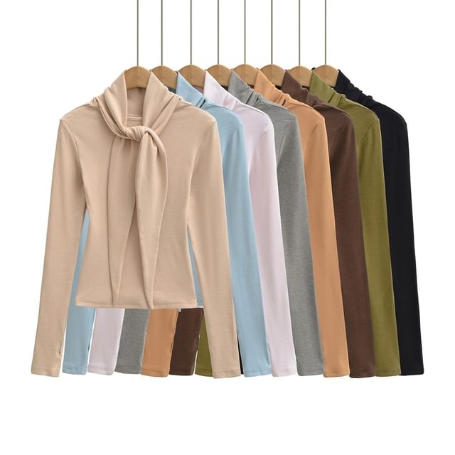 Ulark-Long Sleeve Tie Neck Plain Top