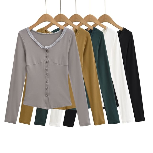 Ulark-Long Sleeve V-Neck Lace Trim Button Top