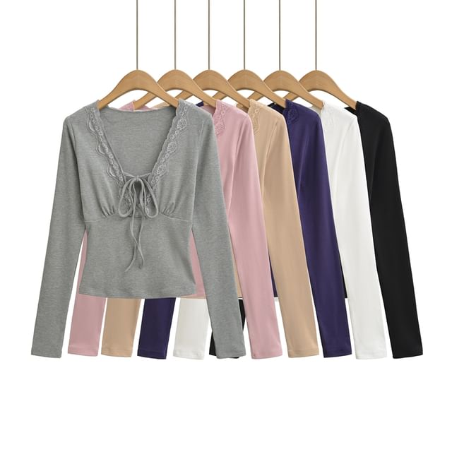 Ulark-Long-Sleeve V-Neck Lace Trim Plain Top