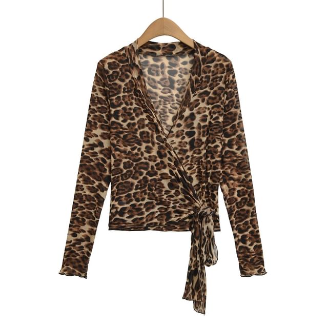 Ulark-Long Sleeve V-Neck Leopard Print Tie-Up Wrap Top