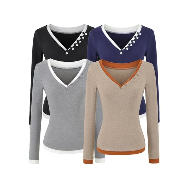Ulark-Long Sleeve V-Neck Mock Two Piece Button Top