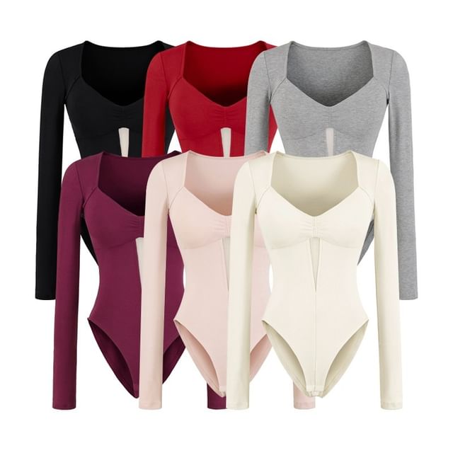 Ulark-Long-Sleeve V-Neck Plain Bodysuit Top