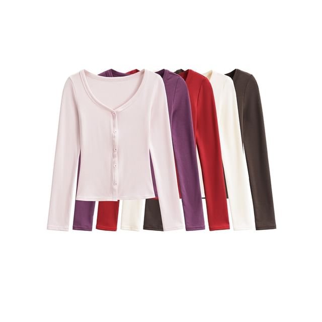 Ulark-Long Sleeve V-Neck Plain Button Top