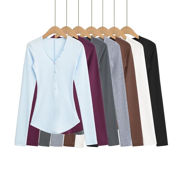 Ulark-Long-Sleeve V-Neck Plain Crop T-Shirt