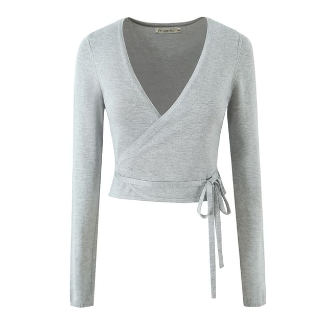 Ulark-Long-Sleeve V-Neck Plain Crop Top