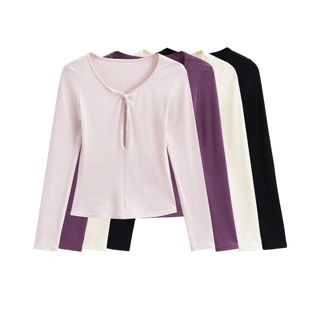 Ulark-Long Sleeve V-Neck Plain Cutout Twist Top
