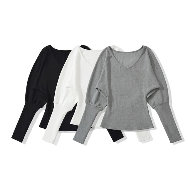 Ulark-Long-Sleeve V-Neck Plain Knit Top