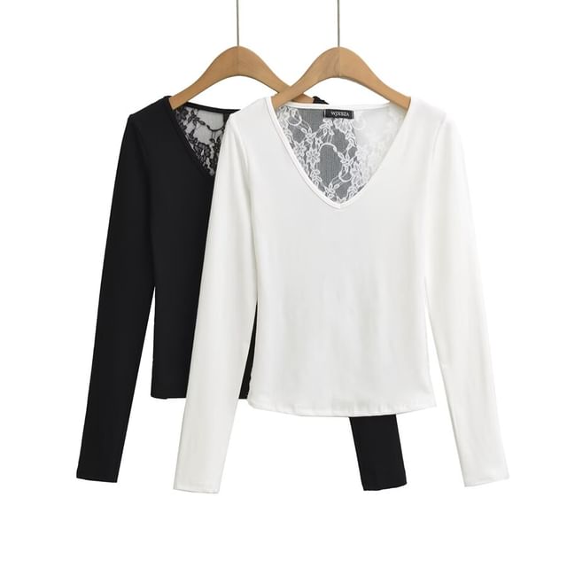 Ulark-Long-Sleeve V-Neck Plain Lace Panel T-Shirt