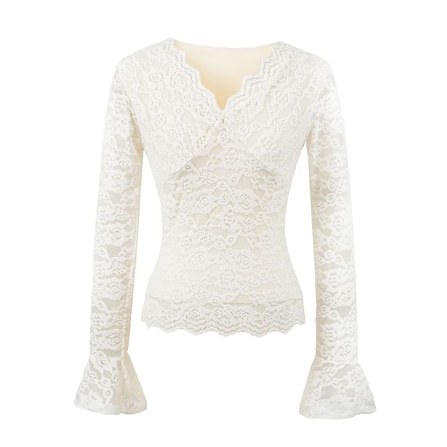 Ulark-Long-Sleeve V-Neck Plain Lace Top