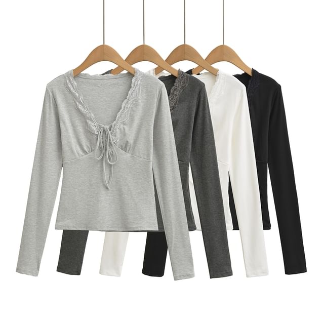 Ulark-Long-Sleeve V-Neck Plain Lace Trim Tee