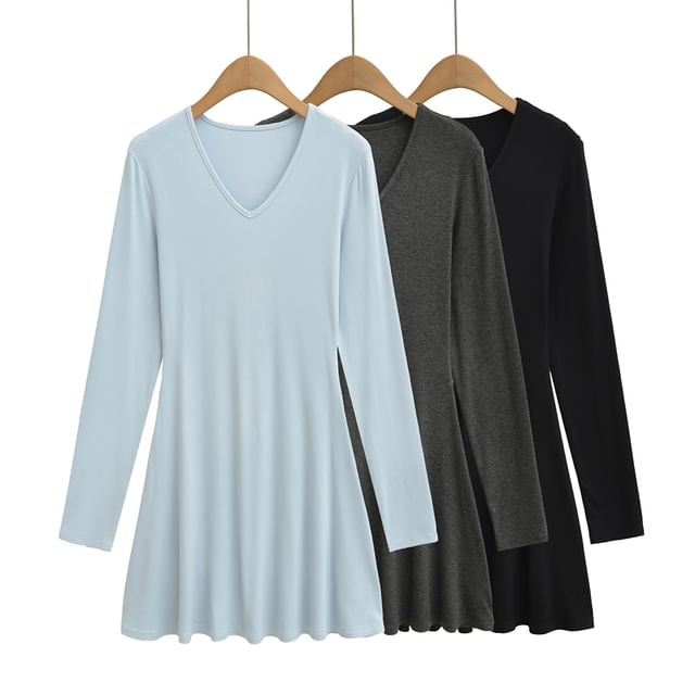 Ulark-Long-Sleeve V-Neck Plain Mini A-Line Dress