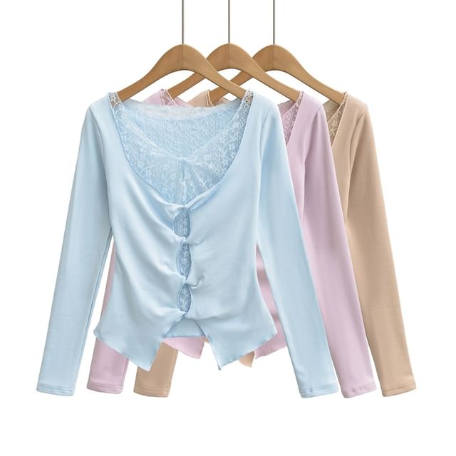 Ulark-Long Sleeve V-Neck Plain Mock Two Piece Panel Lace Top