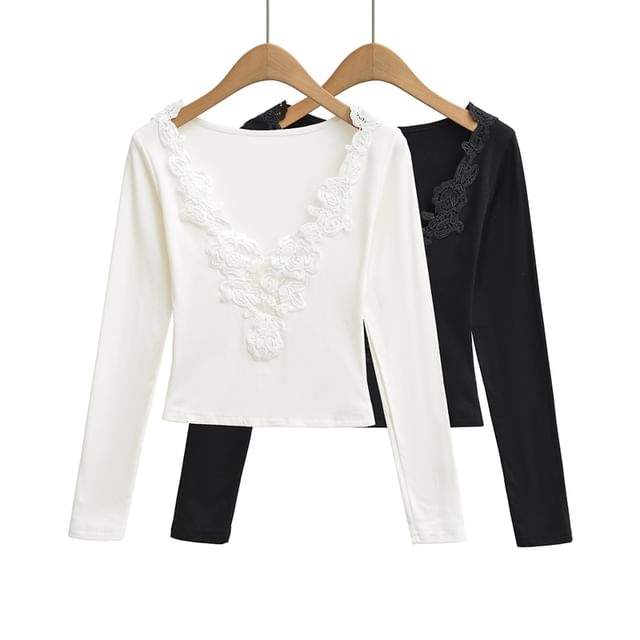 Ulark-Long Sleeve V-Neck Plain Panel Lace Top