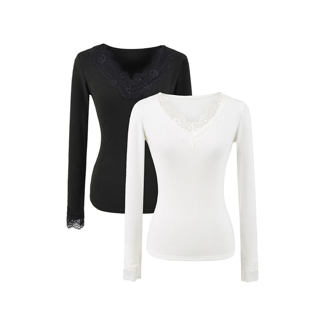 Ulark-Long Sleeve V-Neck Plain Panel Lace Top