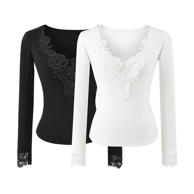 Ulark-Long Sleeve V-Neck Plain Panel Lace Top