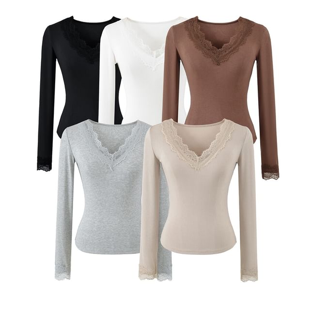 Ulark-Long Sleeve V-Neck Plain Panel Lace Top