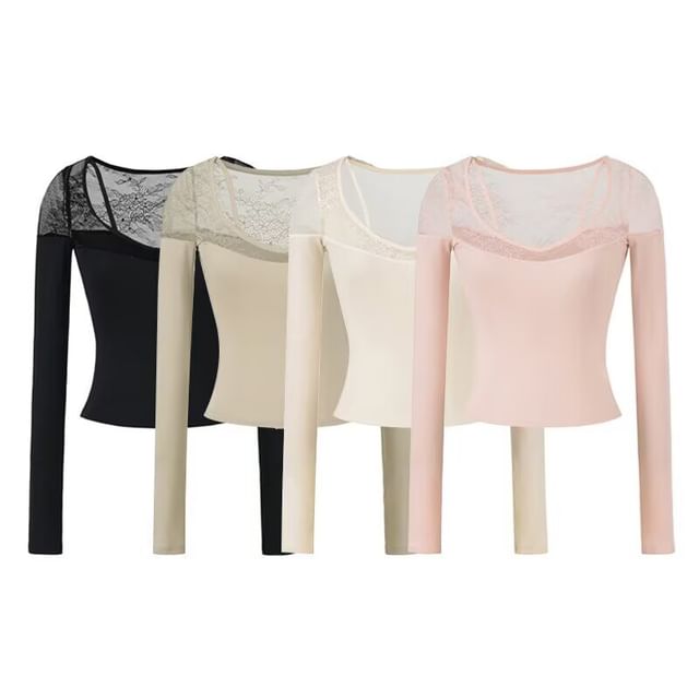 Ulark-Long Sleeve V-Neck Plain Panel Lace Top