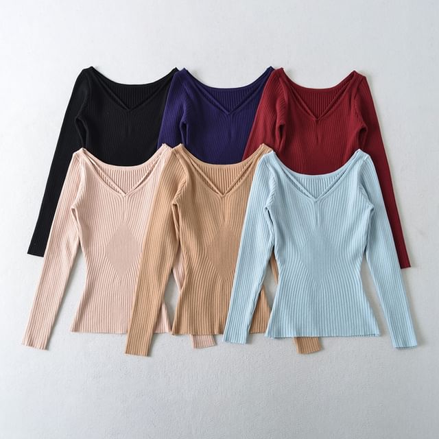 Ulark-Long Sleeve V-Neck Plain Ribbed Knit Top