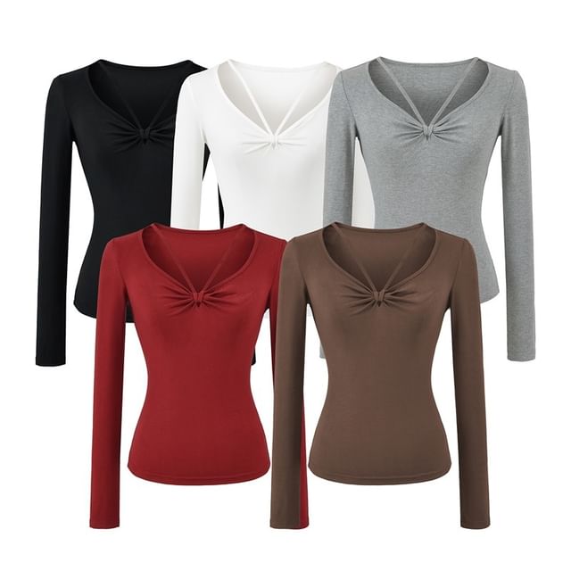 Ulark-Long Sleeve V-Neck Plain Ruched Top