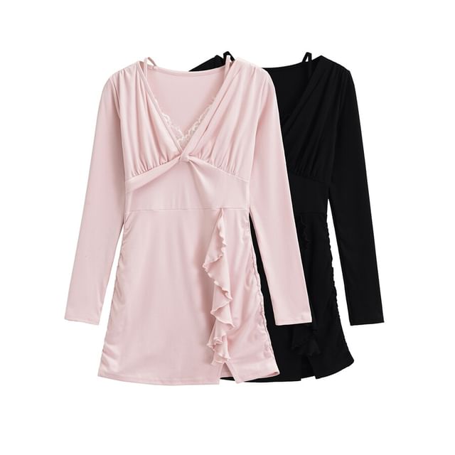 Ulark-Long Sleeve V-Neck Plain Ruffle Slit Panel Lace Mini A-Line Dress