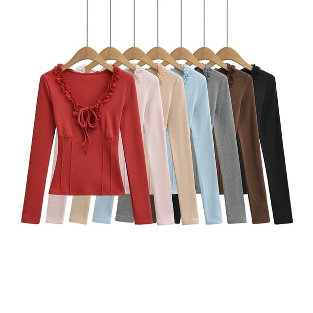 Ulark-Long Sleeve V-Neck Plain Ruffle Tie Front Top