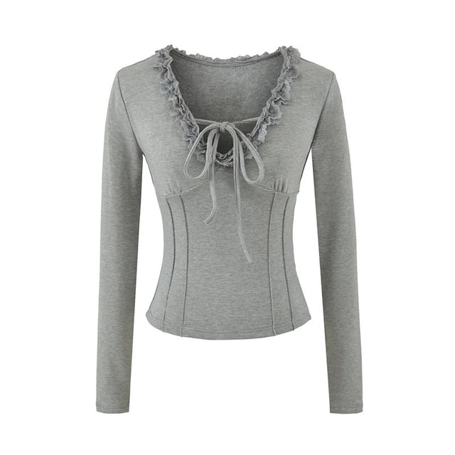 Ulark-Long Sleeve V-Neck Plain Ruffle Tie-Up Top