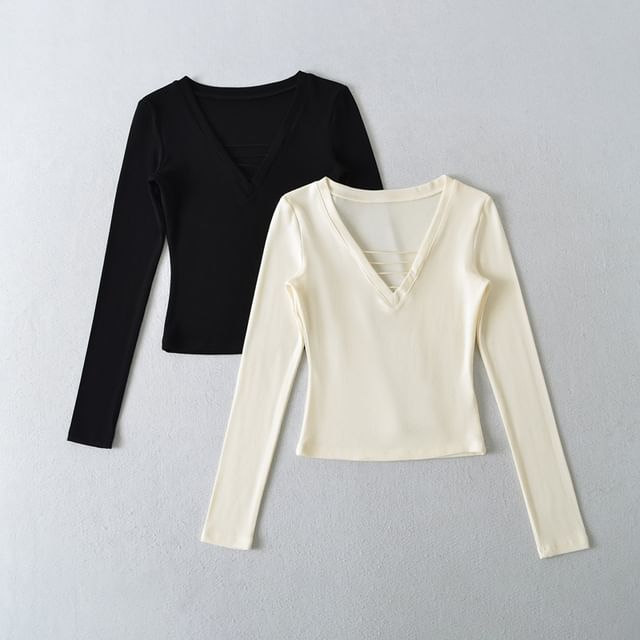 Ulark-Long Sleeve V-Neck Plain Strapped T-Shirt