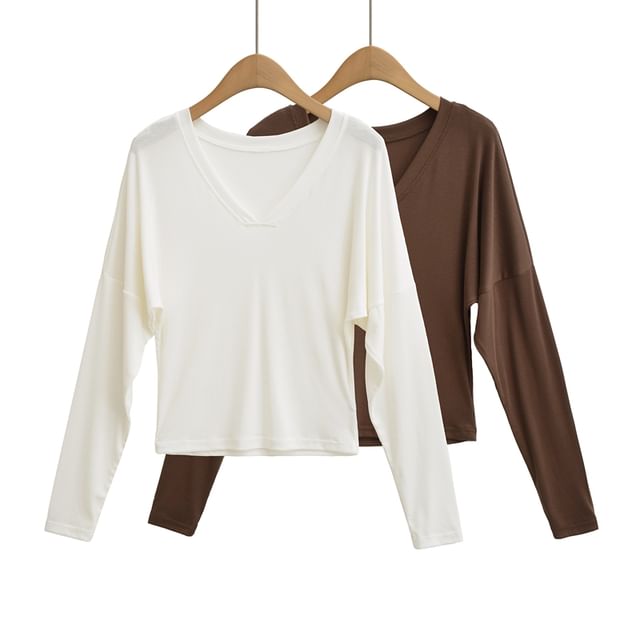 Ulark-Long-Sleeve V-Neck Plain T-Shirt