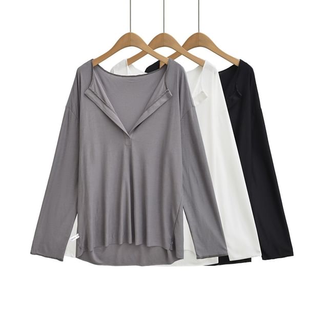 Ulark-Long-Sleeve V-Neck Plain T-Shirt