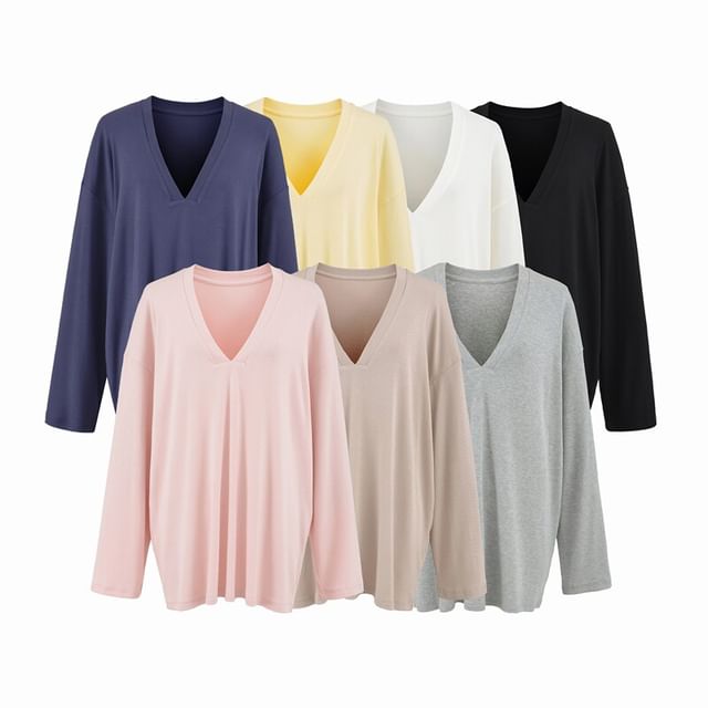 Ulark-Long Sleeve V-Neck Plain T-Shirt