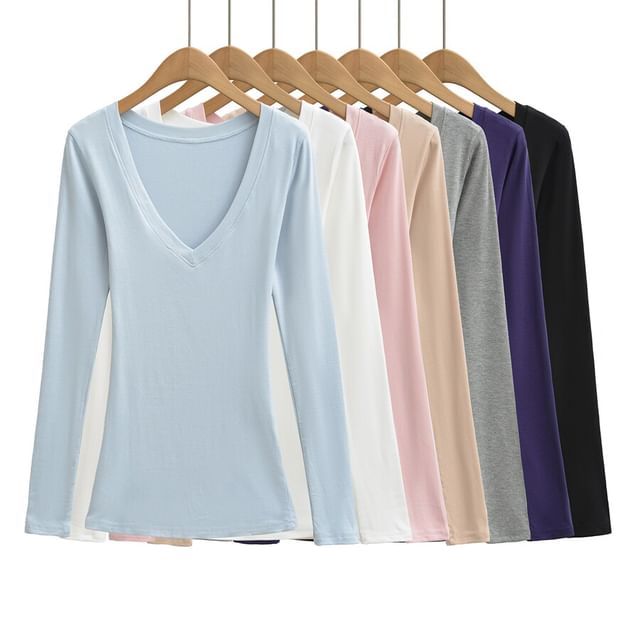 Ulark-Long Sleeve V-Neck Plain T-Shirt