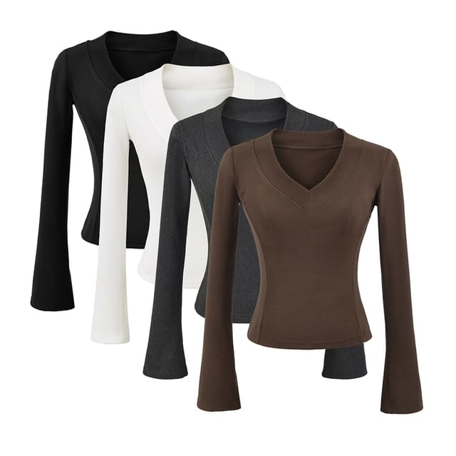 Ulark-Long Sleeve V-Neck Plain Tee