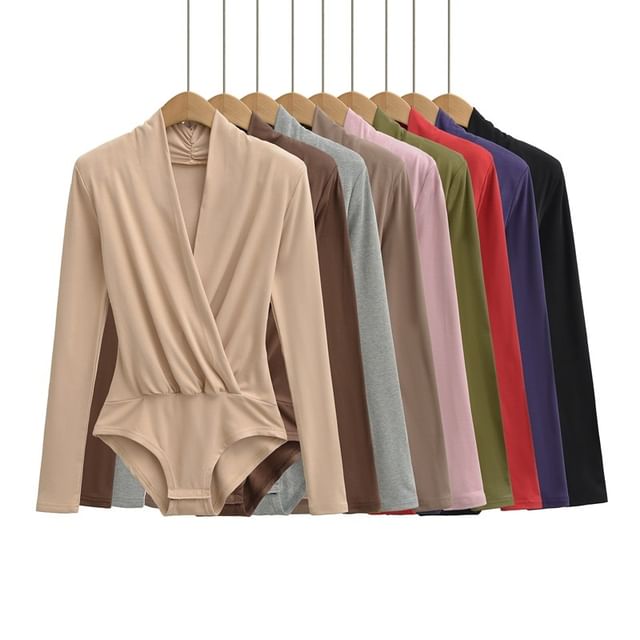 Ulark-Long Sleeve V-Neck Plain Wrap Bodysuit Top