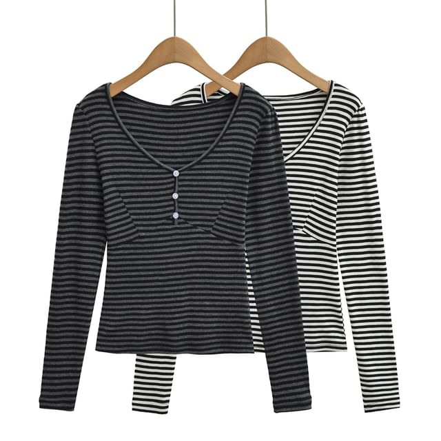 Ulark-Long Sleeve V-Neck Striped Button T-Shirt