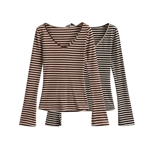 Ulark-Long Sleeve V-Neck Striped Slim Fit Tee