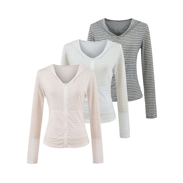 Ulark-Long-Sleeve V-Neck Striped Top