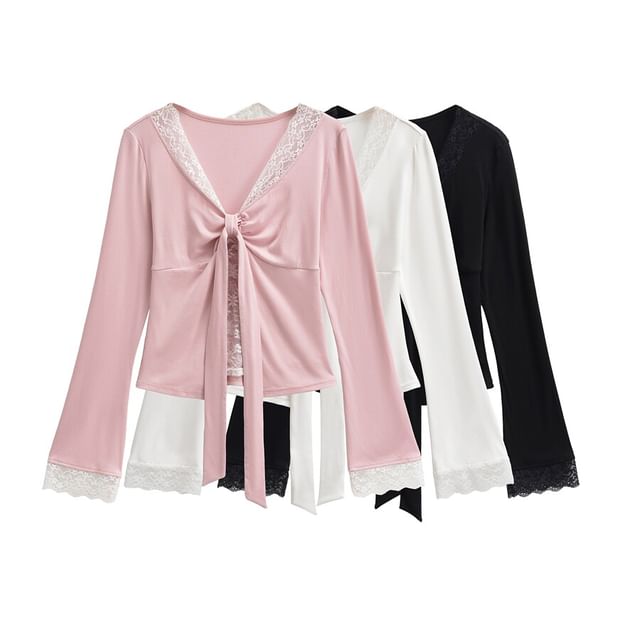 Ulark-Long Sleeve V-Neck Tie-Up Panel Lace Top