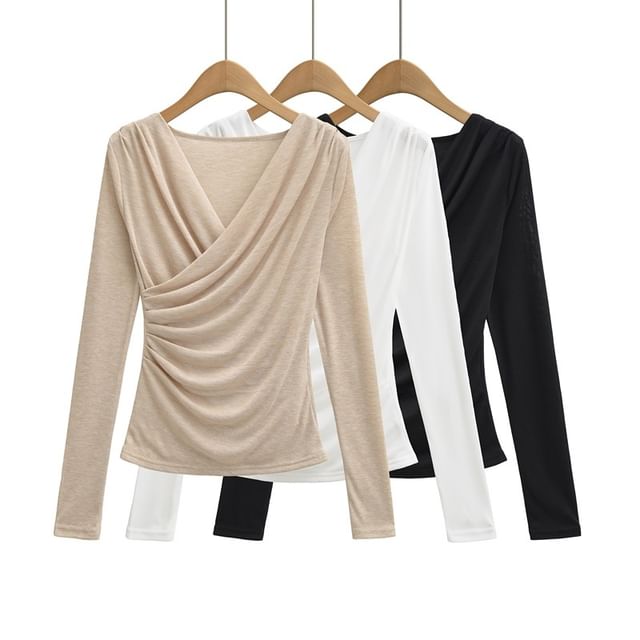 Ulark-Long-Sleeve V-Neck Wrapped Plain Top
