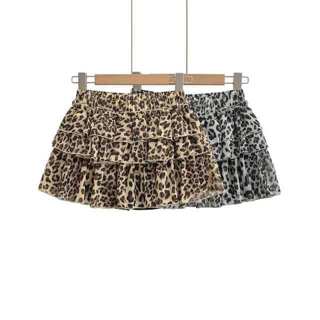Ulark-Low Waist Leopard Print Mini Tiered Skirt