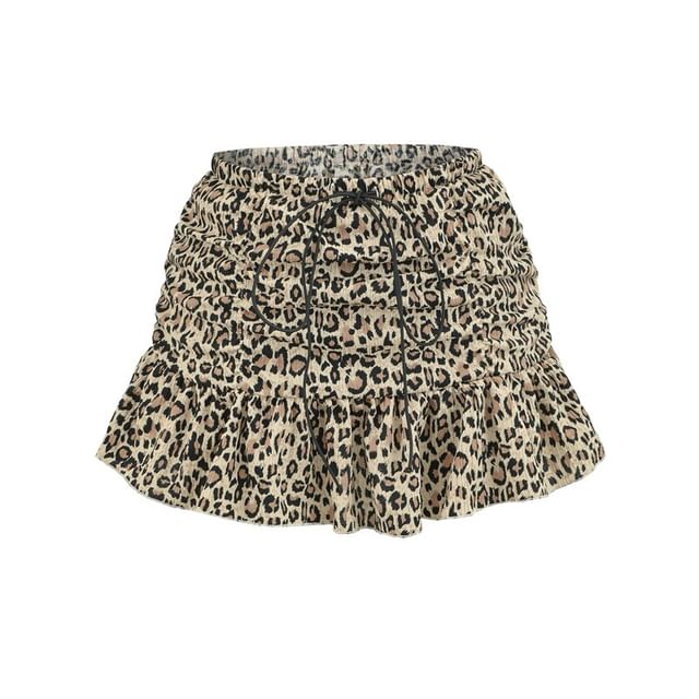 Ulark-Mid Rise Leopard Print Mini A-Line Skirt