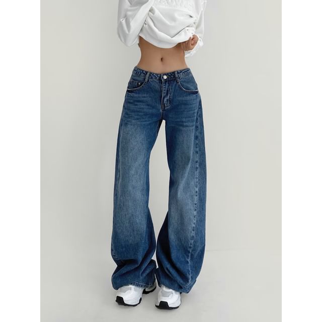 Ulark-Mid Waist Washed Wide Leg Jeans