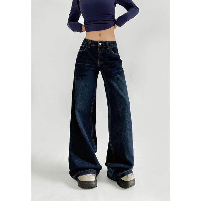 Ulark-Mid Waist Washed Wide Leg Jeans